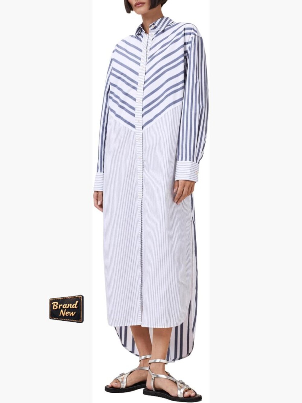 Striped Button Front Shirt Dress Cotton Long Sleeve Midi
